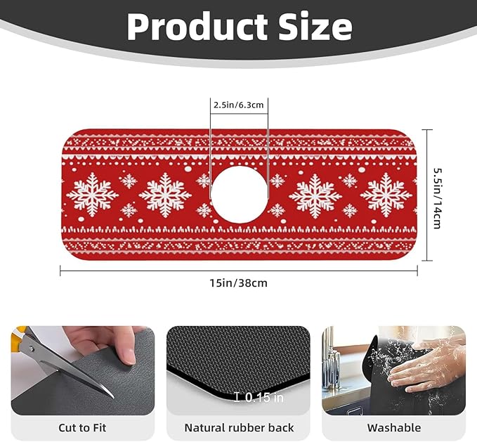 Sink Faucet Mat Red Winter Snowflake Kitchen Splash Guard Absorbent Bathroom Sink Mat Around Faucet 15" x 5.5" Drying Mats Stone Draining Mat