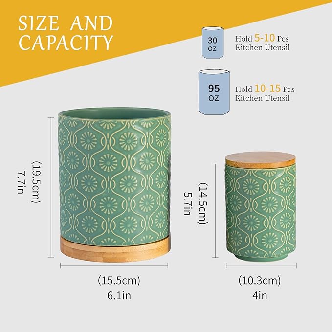 TEATALK Utensil Holder Set of 2, 7.7"+5.7" Ceramic Kitchen Utensil Holder for Countertop, Farmhouse Vintage Utensil Crock for Cooking Utensils, Large Utensil Organizer (Green)