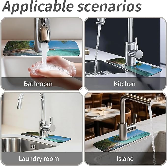 Kitchen Sink Splash Guard，Beautiful beach Faucet Mat Sink Gadgets-Super Absorbent Fast Drying Mat Drip Catcher for Kitchen, Bathroom,Sink Mat, Dish Drying Mat, Bathroom(15" X 5.5" )