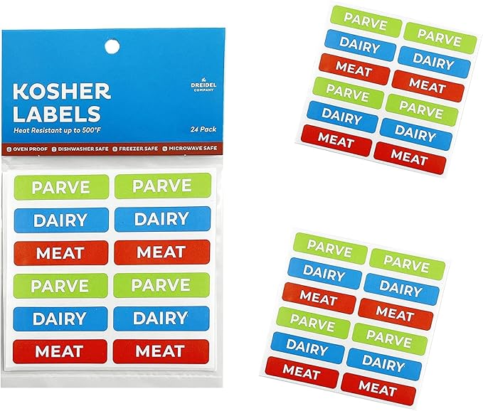 Kosher Sticker Labels, 48-Pack, 16 Blue Dairy, 16 Red Meat, 16 Green Parve Stickers, Oven Proof up to 500° F, Freezable, Microwavable, Dishwasher Safe, English, Color Coded Tools
