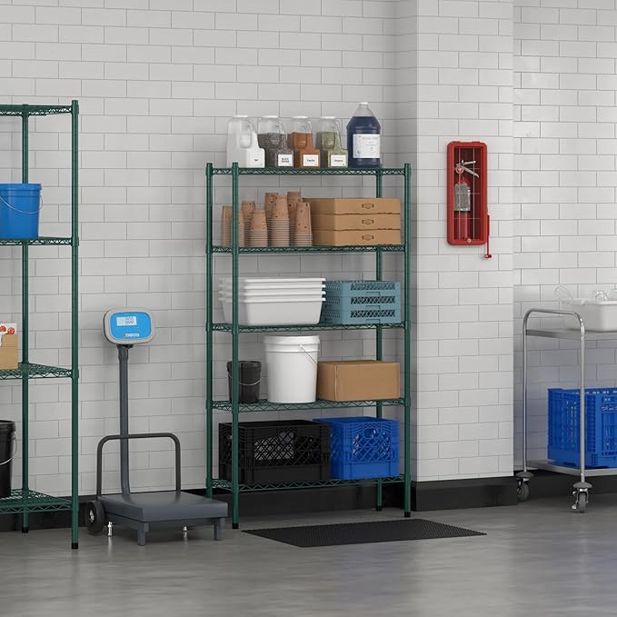 Commercial NSF Listed Green Epoxy Stationary Wire Shelving Kit 12" x 36" x 64", with 5 Shelves Perfect for Warehouse, Walk-in Refrigerator, Freezer, Grocery Store, Restaurant, Dishroom
