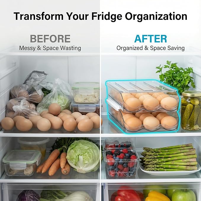 2 Tier Egg Holder for Refrigerator with Lid, Large Capacity Holds 36 Eggs in Clear Plastic Container Stackable Bin Organizer for Kitchen Storage, Refrigerator, Countertop