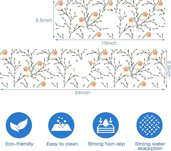 Willow Branches and Robin Dish Drying Mat for Kitchen Sink Splash Guard Behind Faucet Sink Mat Absorbent Fast Drying Faucet Draining Mat for Bathroom Kitchen 5.5"×15"