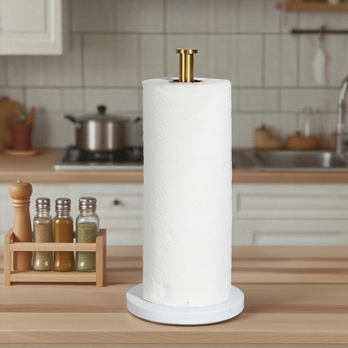 YIGII Marble Base Gold Paper Towel Holder Countertop - Standing Paper Towel Roll Holder with Weighted Base, Papertowel Holder for Kitchen, White Marble & Gold Rod
