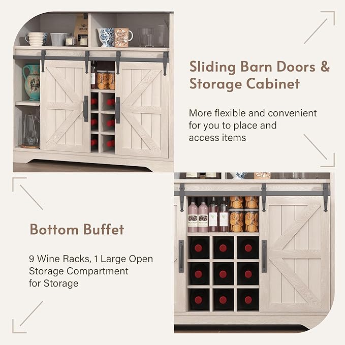 Farmhouse Coffee Bar Cabinet with Sliding Barn Door, 70" Tall Kitchen Hutch China Cabinet w/Wine Rack, Power Outlet & Lighting, Liquor bar Station Food Pantry Storage Cabinet for Home, White