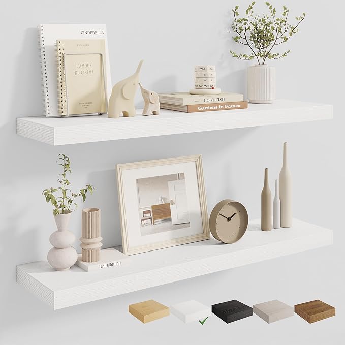 Dreamland 36 Inches Floating Shelves for Wall, 8" Deep Long Floating Shelves Set of 2, Large Display & Storage Shelf, Wall Shelf for Bathroom Bedroom Living Room Kitchen Office, White
