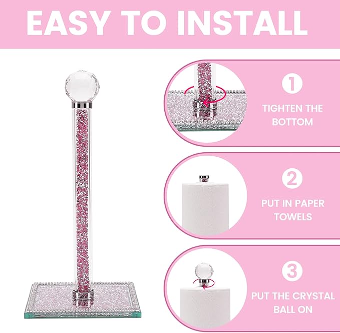 Crushed Diamond Paper Towel Holder Stand Crystal Paper Towel Holder Countertop Bling Kitchen Decor (Pink)
