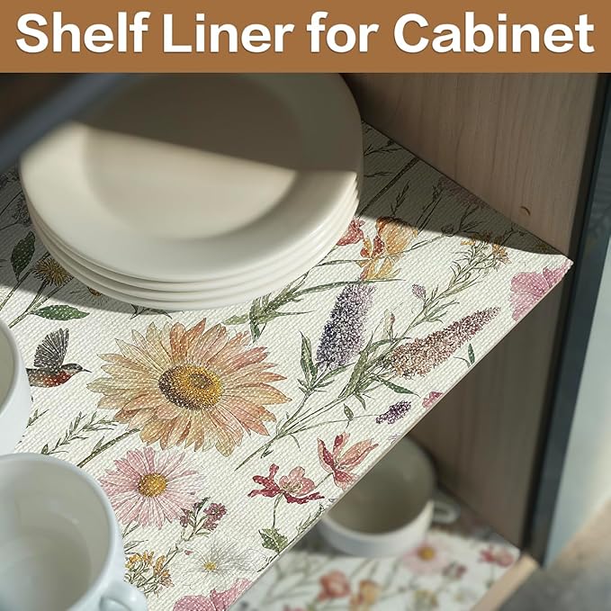 Vuacepe Floral Drawer and Shelf Liner for Kitchen Cabinets Non-Adhesive Drawer Liner Non-Slip Daisy Shelf Liners Strong Grip Waterproof Easy to Clean Cabinet Liners for Dresser Cupboard 12IN × 16.4FT