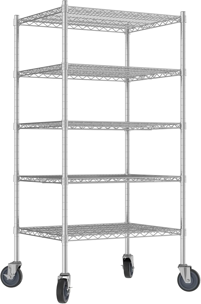 Commercial NSF Listed Chrome Mobile Wire Shelving Kit 24" x 30" x 60", with 5 Shelves Perfect for Warehouse, Walk-in Refrigerator, Freezer, Grocery Store, Restaurant, Dishroom