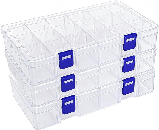DUOFIRE Plastic Organizer Container Storage Box Adjustable Divider Removable Grid Compartment for Jewelry Beads Earring Tool Fishing Hook Small Accessories(18 grids, White X 3)