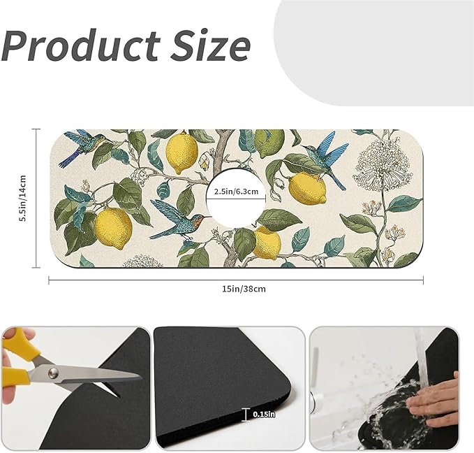 Kitchen Sink Splash Guard，lemon tree with hummingbirds Faucet Mat Sink Gadgets-Super Absorbent Fast Drying Mat Drip Catcher for Kitchen, Bathroom,Sink Mat, Dish Drying Mat, Bathroom(15" X 5.5" )