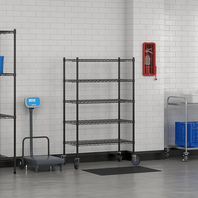 Commercial NSF Listed Black Epoxy Mobile Wire Shelving Kit 18" x 36" x 60", with 5 Shelves Perfect for Warehouse, Walk-in Refrigerator, Freezer, Grocery Store, Restaurant, Dishroom