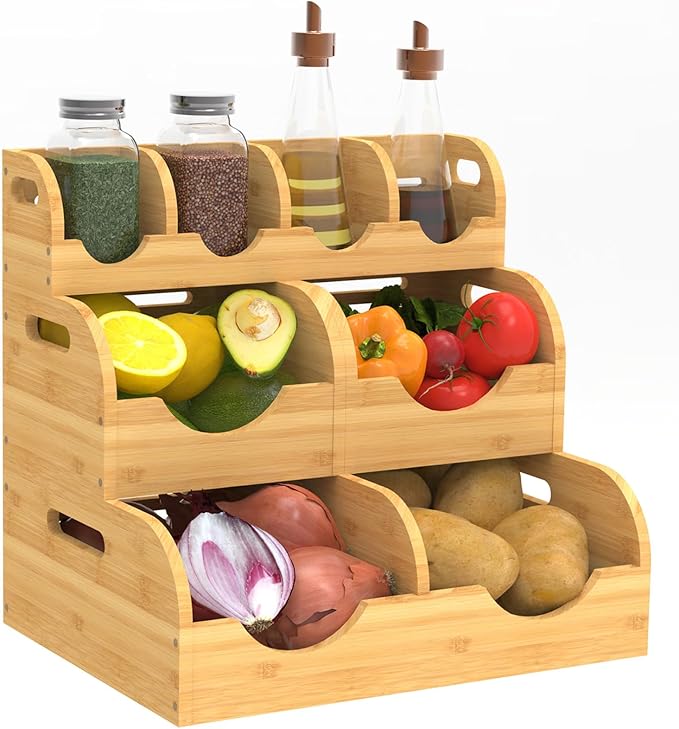 Upgraded 3 Tier Bamboo Pantry Storage Bins, Stackable Potato and Onion Storage Bin with Airflow Vent, Potato Storage, Pantry Baskets, Vegetable Storage, for Kitchen Countertop, Cabinet, Living Room
