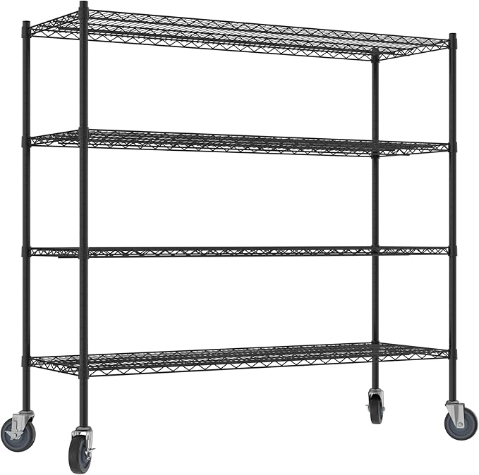 Commercial NSF Listed Black Epoxy Mobile Wire Shelving Kit 21" x 60" x 60", with 4 Shelves Perfect for Warehouse, Walk-in Refrigerator, Freezer, Grocery Store, Restaurant, Dishroom
