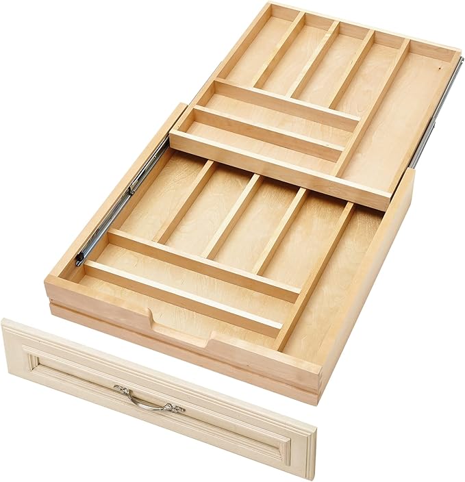 Rev-A-Shelf Two-Tier Kitchen Utensil Drawer Organizer & Pullout Cutlery Tray, Soft-Close Slides, 24" Base & 21" Cabinet Opening, Wood, 4WTCD-24HSC-1