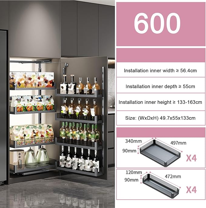 WIGING 4-Tier Narrow Cabinet Pull-Out Basket, High Cabinet Pull-Out Storage Rack with Adjustable Dividers for Kitchen Bathroom Pantry, Single-Layer Load Capacity: 15kg(49.7x55x133cm)