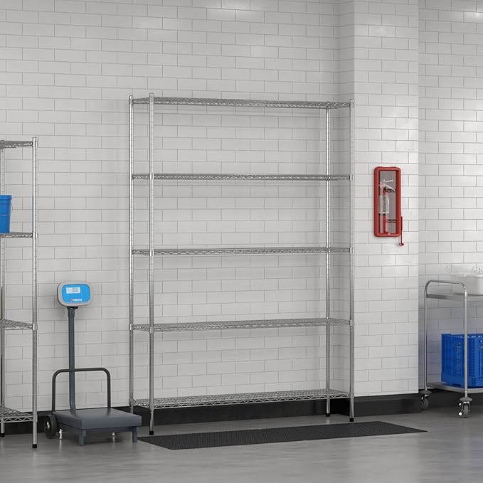 Commercial NSF Listed Chrome Stationary Wire Shelving Kit 14" x 60" x 86", with 5 Shelves Perfect for Warehouse, Walk-in Refrigerator, Freezer, Grocery Store, Restaurant, Dishroom