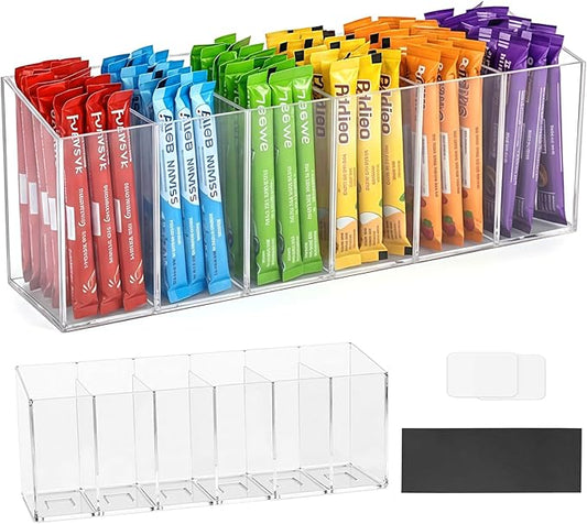 Drink Packet Organizer, Adhesive & Magnetic Water Packet Holder with Removable Divider & 6 Compartment, Clear Acrylic Water Flavor Packet Organization Container for Kitchen Bins Cabinets Organizer