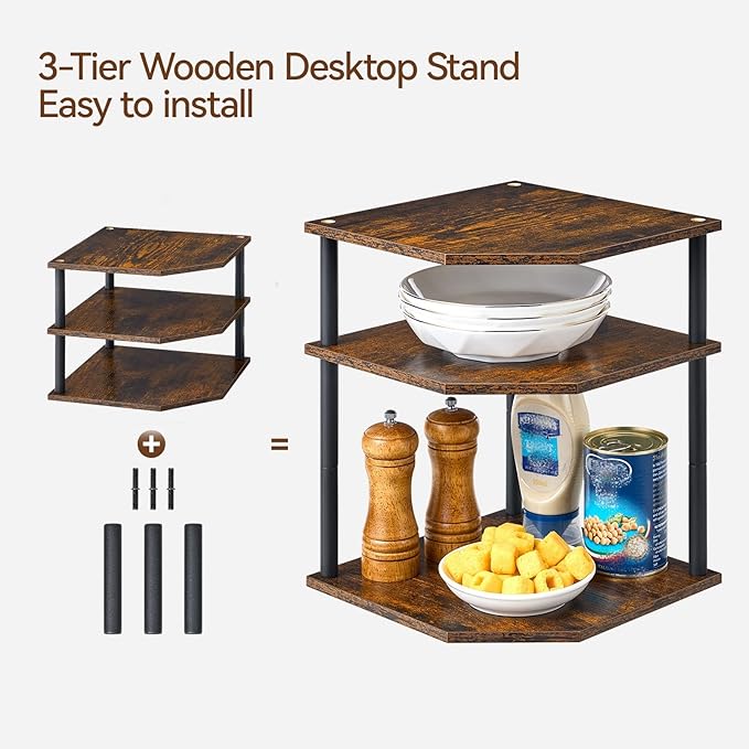 Wooden 3-Tier Corner Shelf, Kitchen Countertop Dish & Bread Organizer Counter Stand Storage for Desktop Bedroom Bathroom Small Space