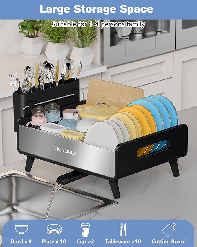Dish Racks,Extendable Countertop Dish Drying Rack, Dish Drainer & Drainboard Set with Utensil Holder and Cup Holder, Black