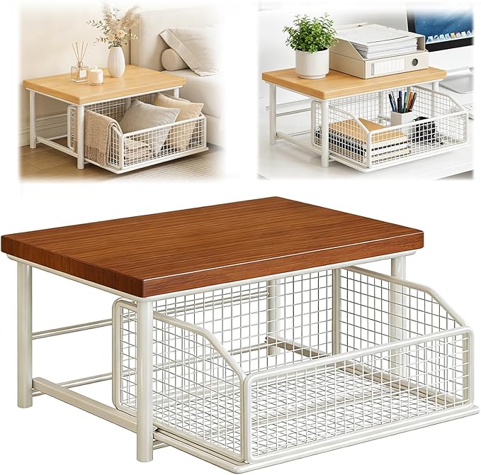 Kitchen Countertop Organizer with Drawer and Wire Basket, 2-Tier Hardwood Shelf for Microwave, Coffee Maker—Sliding Drawer for Fruit Storage, Space-Saving Kitchen Pantry Organizer with Counter Shelf