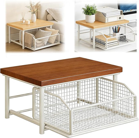Kitchen Countertop Organizer with Drawer and Wire Basket, 2-Tier Hardwood Shelf for Microwave, Coffee Maker—Sliding Drawer for Fruit Storage, Space-Saving Kitchen Pantry Organizer with Counter Shelf