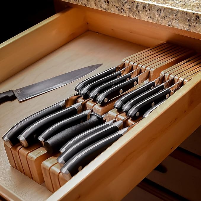 Homemaid Living In Drawer Knife Block Bamboo, Holds 14 Knives + Knife Sharpener Slot, Knife Organizer for Kitchen Drawer, Knife Drawer Organizer, Drawer Insert, Drawer Knife Holder (2" tall, 17" deep)