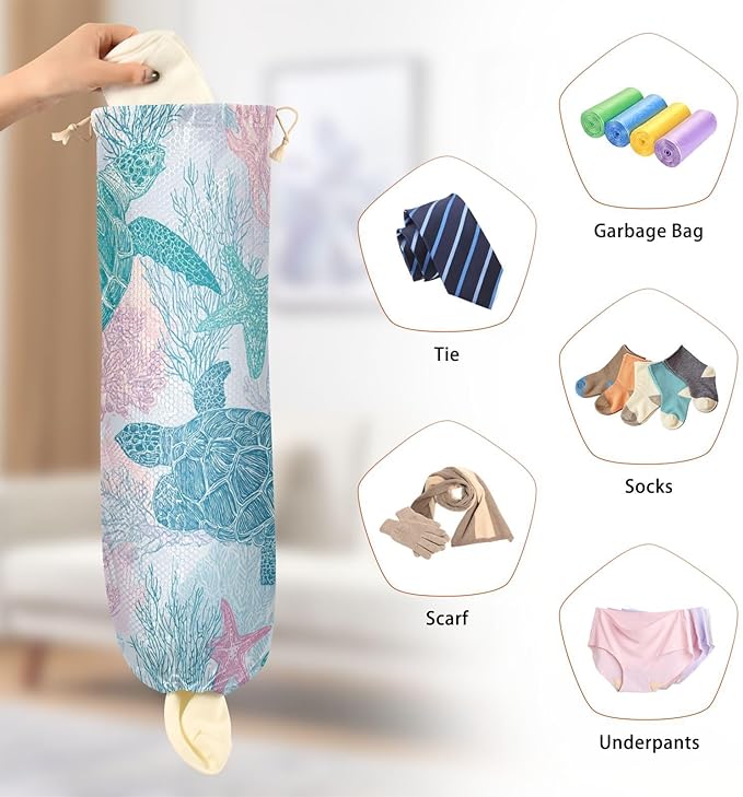 Plastic Bag Holder Wall Mount Grocery Bag Shopping Bag Storage Holder Organizer Dispenser with Adhesive Hook,for Kitchen Bathroom Home Decor 9x22 Inches Simple Turtles Starfish Coral25