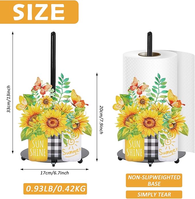 JarThenaAMCS Sunflower Paper Towel Holder Black Metal Kitchen Decor Accessories Vintage Spring Summer Sunshine Country Stuff Home Decoration for Countertop Housewarming Gift Supplies