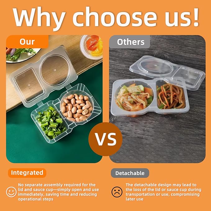 Plastic Reusable Snack Containers With Lids 50pcs,Double Compartment Condiment Container For Take-Out Sauces Outdoor Travel (50)