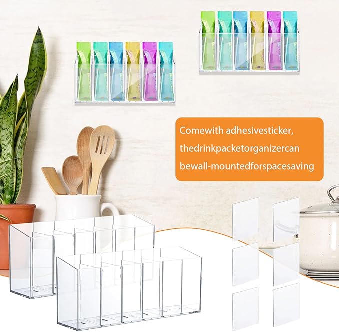 2 PACK Drink Packet Organizer with Removable Divider & Compartment, Mountable Water Packet Organizers Container Storage with 6pcs Adhesive & 2 Magnetic Stickers for Powder Water Packets