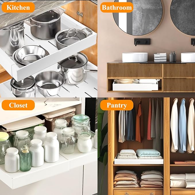 Pull Out Cabinet Organizer, Expandable Slide out Drawers With Adhesive Nano Film, Pantry Shelves Sliding Drawer Adjustable 12.8’’-20.8’’ for Kitchen Cabinets, Pantry, Bathroom Storage 1PC