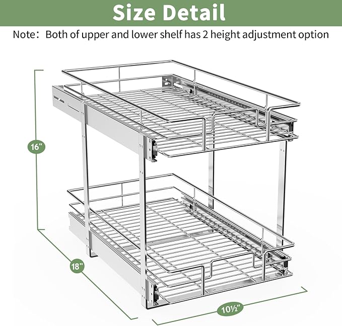 ROOMTEC Pull Out Cabinet Organizer (11" W x 18" D),2 Tier Pull Out Storage Shelf Drawer Basket,Sliding Shelves for Base Cabinet Organization in Kitchen, Bathroom, Pantry