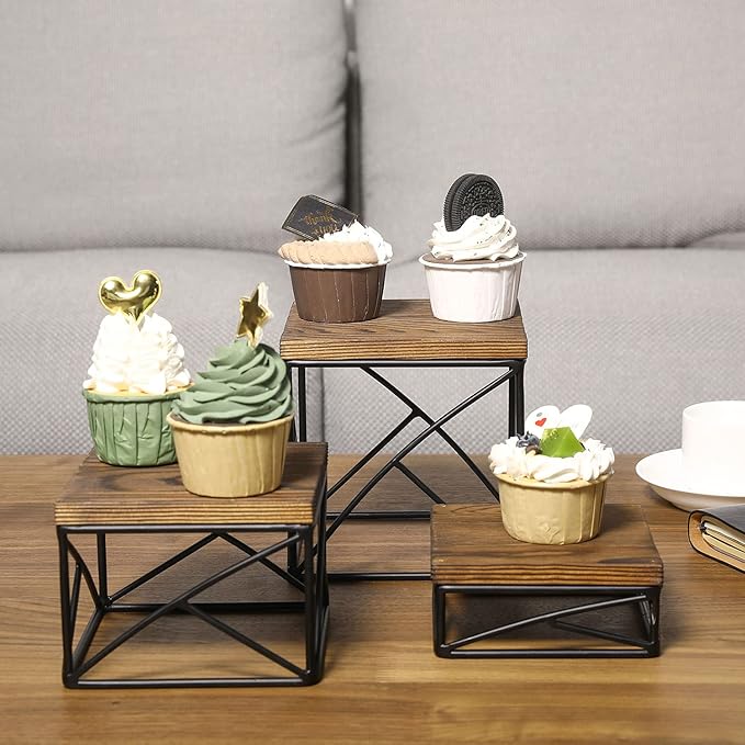 MyGift Modern Tabletop Square Dessert Stand Risers, Cake and Appetizer Display Nesting Pedestals with Rustic Brown Wood Top Shelf and Metal Wire Base, Set of 3