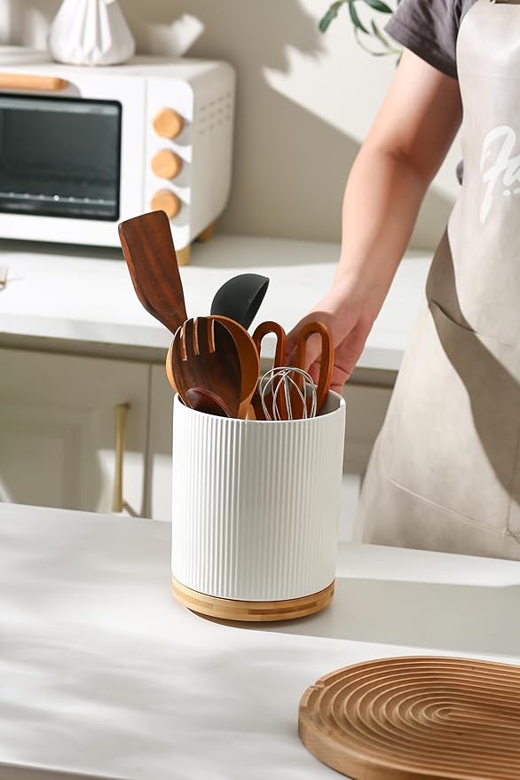 KSENDALO Large 360° Rotating Utensil Holder, Cream White 7.76" Premium Kitchen Crock for Cooking Utensils, Durable Countertop Storage for Home Kitchen