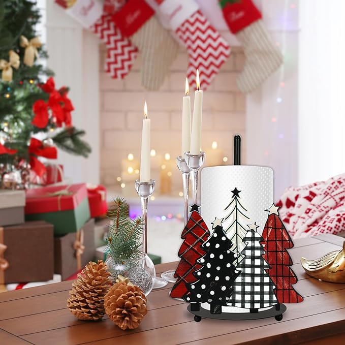 JarThenaAMCS Christmas Paper Towel Holder Waterclor Buffalo Plaid Xmas Tree Kitchen Decor Accessories Large Metal Towel Holder Stand for Winter Home Bathroom Countertop