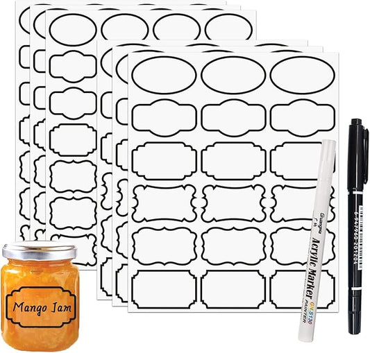 138pcs Removable Transparent Labels for Jars, Waterproof Labels for Bottles with Black Border, Kitchen Food Container Clear Label Stickers with 2 Markers for Storage Bin, Home Organization