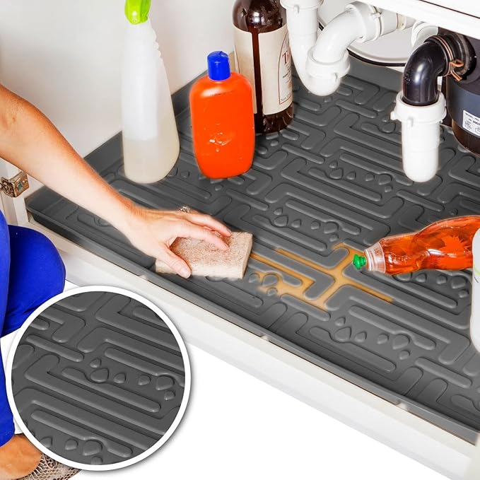 XTREME MATS Waterproof Undersink Mat (Gray 34" 1/4 x 19 1/4) Cabinet Base Liner for Bathroom Vanity Cabinets Catches Leaks Prevents Damage Flexible Driptray