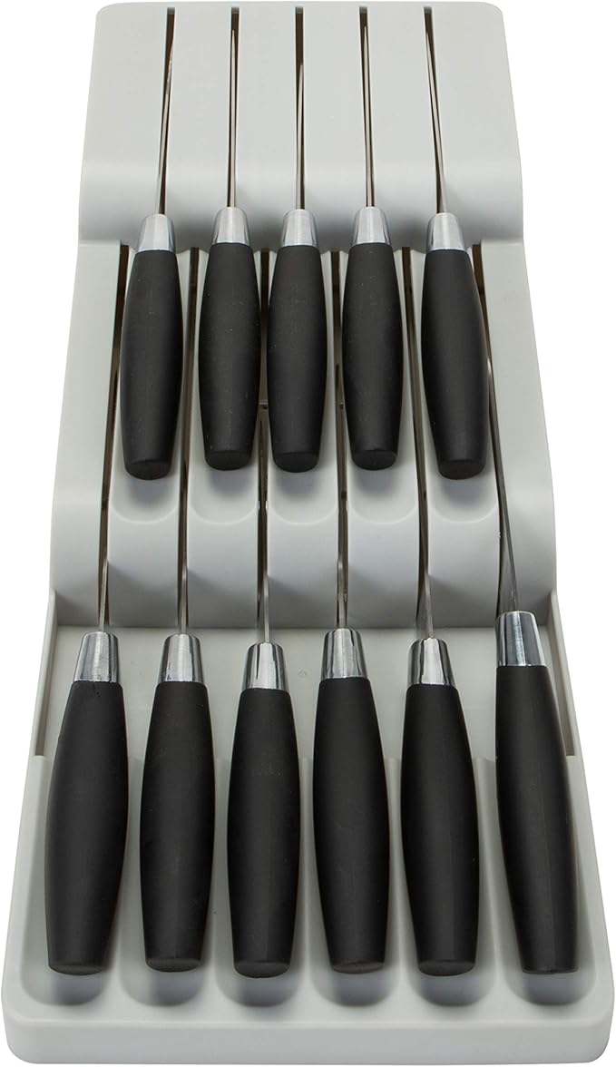 Kitchen Details 2 Tier Knife Drawer Organizer | Holds 11 Knives | Utensil Holder | Knife Block | Storage & Organization | Space Saver | Grey
