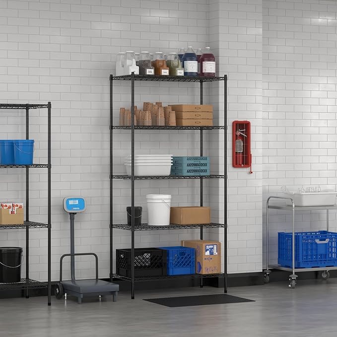 Commercial NSF Listed Black Epoxy Stationary Wire Shelving Kit 21" x 42" x 86", with 5 Shelves Perfect for Warehouse, Walk-in Refrigerator, Freezer, Grocery Store, Restaurant, Dishroom