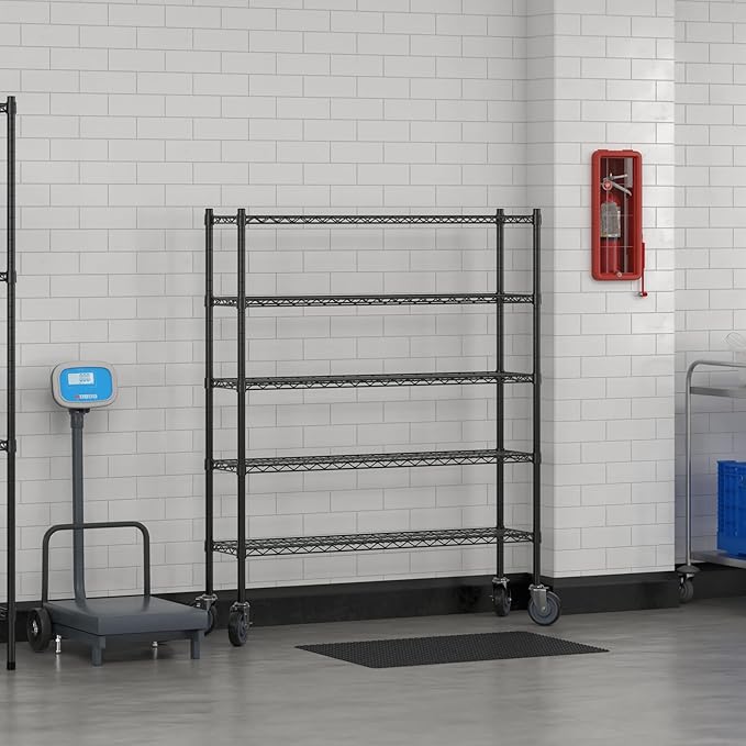 Commercial NSF Listed Black Epoxy Mobile Wire Shelving Kit 12" x 48" x 60", with 5 Shelves Perfect for Warehouse, Walk-in Refrigerator, Freezer, Grocery Store, Restaurant, Dishroom