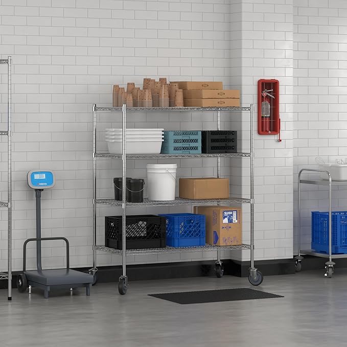 Commercial NSF Listed Chrome Mobile Wire Shelving Kit 24" x 48" x 60", with 4 Shelves Perfect for Warehouse, Walk-in Refrigerator, Freezer, Grocery Store, Restaurant, Dishroom