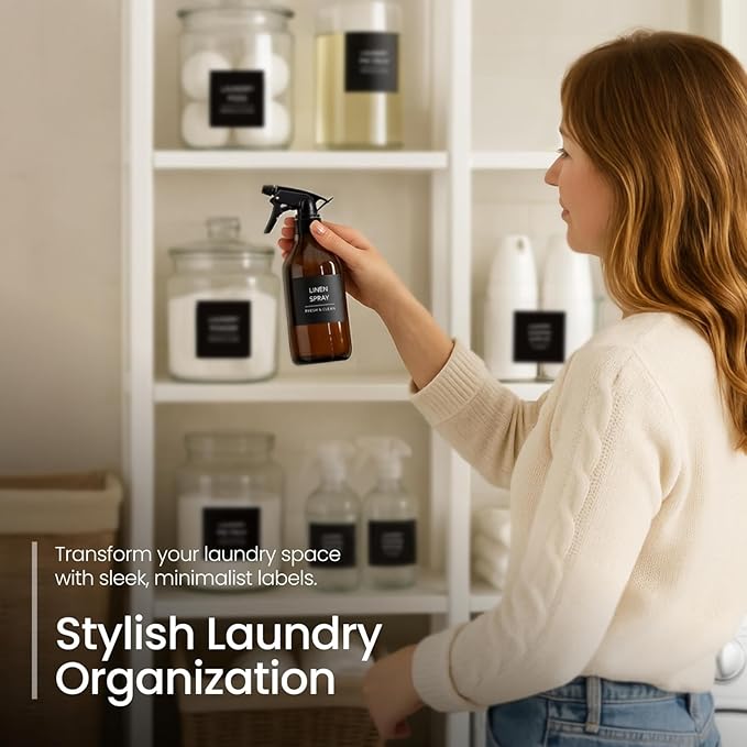 Talented Kitchen 144 Minimalist Laundry Labels – White Print on Matte Black Backing, Waterproof Vinyl Adhesive Stickers for Laundry Room, Kitchen, Pantry, Spice Jars & Household Organization