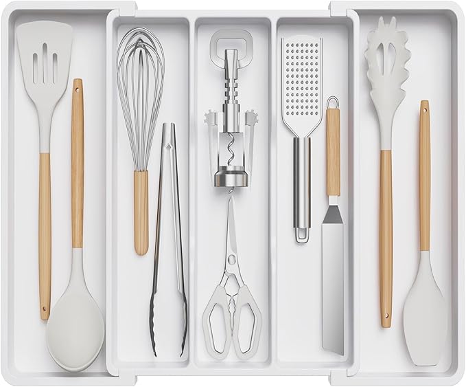 Lifewit Utensil Organizer for Kitchen Drawers, Expandable Cooking Utensil Tray, Adjustable Cutlery Silverware Flatware Holder, Plastic Spatula Tools and Gadgets Storage Divider, White, 13"-22" x 15"