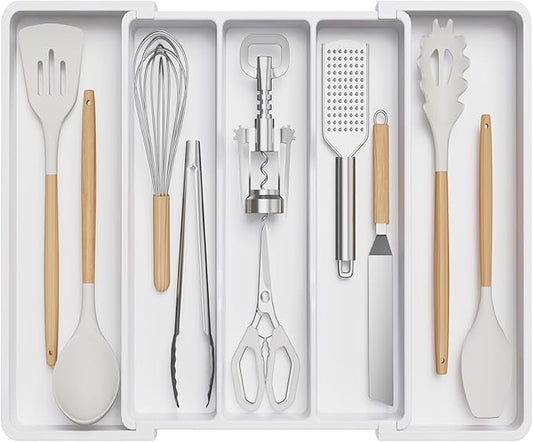 Lifewit Utensil Organizer for Kitchen Drawers, Expandable Cooking Utensil Tray, Adjustable Cutlery Silverware Flatware Holder, Plastic Spatula Tools and Gadgets Storage Divider, White, 13"-22" x 15"