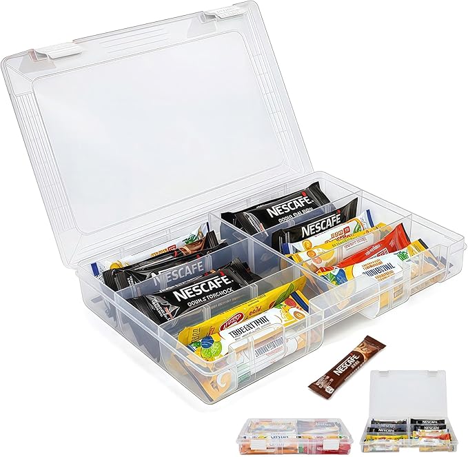 Drink Packet Organizer – Stackable Clear Acrylic Water Flavor Packet Organization with Removable Dividers & Secure Lid for Kitchen, Countertop