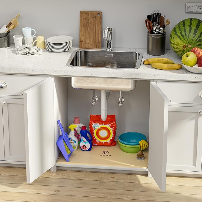 Under Sink Mat, 34" x 22" Silicone Kitchen Cabinet Tray, Waterproof & Flexible Under Sink Liner for Kitchen Bathroom and Laundry Room(Beige)