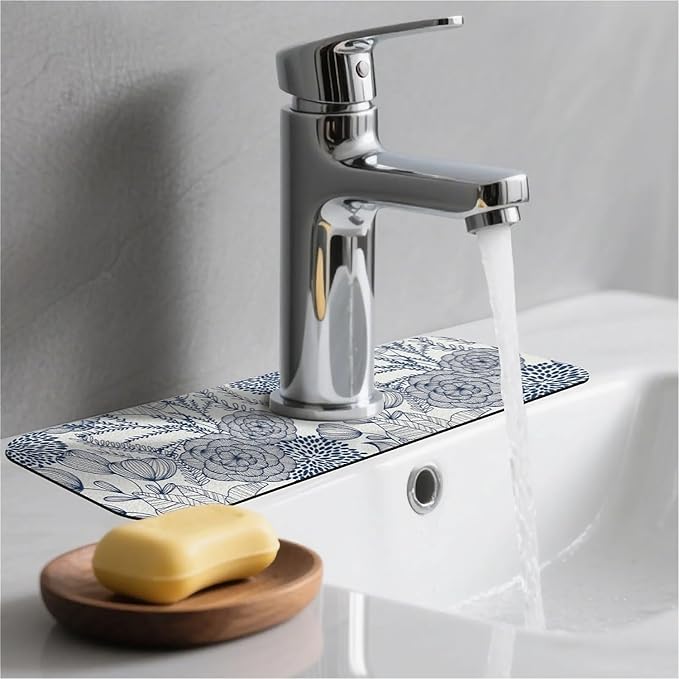 Kitchen Sink Splash Guard，Navy blue flower Faucet Mat Sink Gadgets-Super Absorbent Fast Drying Mat Drip Catcher for Kitchen, Bathroom,Sink Mat, Dish Drying Mat, Bathroom(15" X 5.5" )
