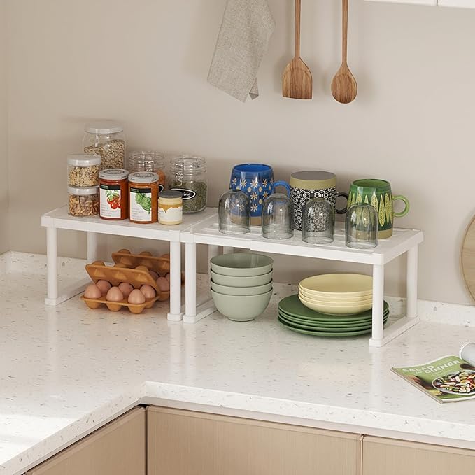 Lifewit Cabinet Shelf Organiser, Expandable Countertop Kitchen Shelves, Plastic Shelf Riser for Pantry Kitchen Storage and Spice Rack, Set of 3, 40 x 21 x 18cm/16 x 8 x 7 inch, White