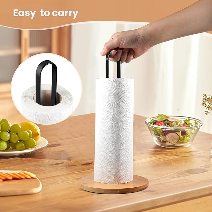 Paper Towel Holder Countertop Standing Paper Roll Holder with Anti-Slip Base Paper Towel Holders for Kitchen Roll Holder Bamboo & Stainless Steel,Black